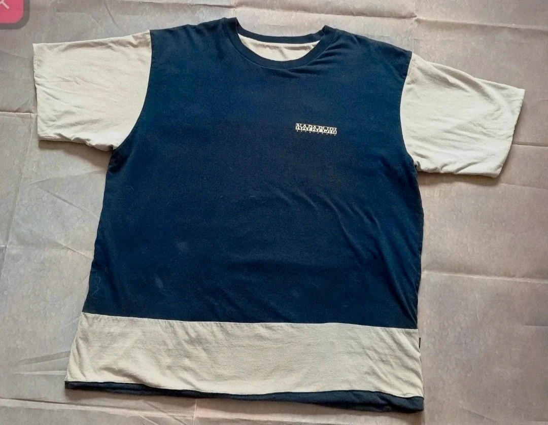 Vintage Napapijri Geographic Reversible T-Shirt Navy Blue Beige XXL
