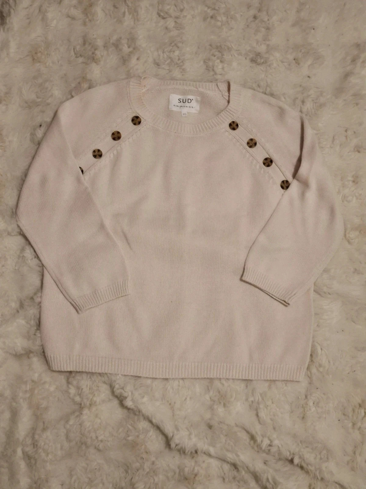 Pull en maille Sud Express - Écru - Épaules boutonnées - Coupe boxy - Taille XS
