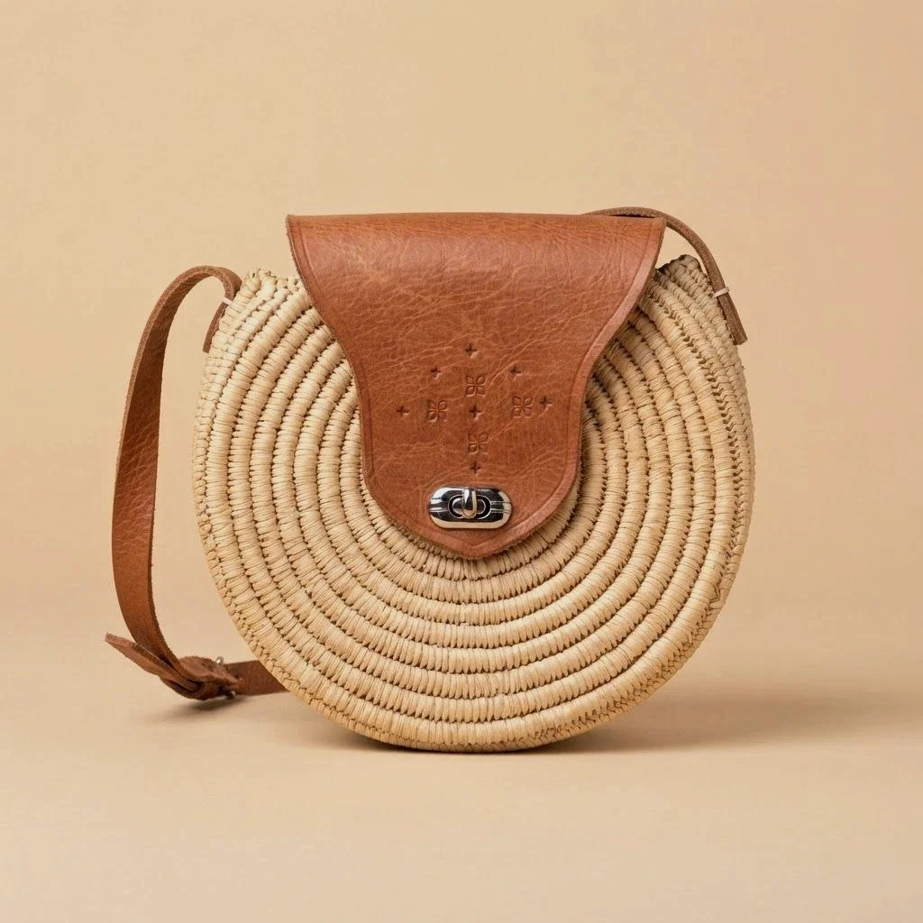 🤎 Sac rond en paille tressée – Artisanat du Maroc 🇲🇦 – Tendance