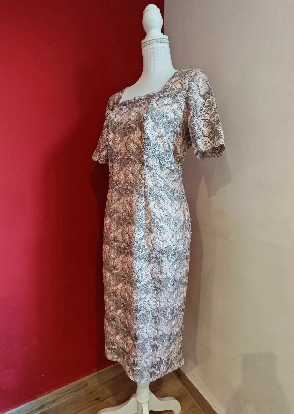 🌺 Elegante vestido para eventos blonda rosa y gris – L.DOMINGUEZ – taille XXL / 44 / 16 2