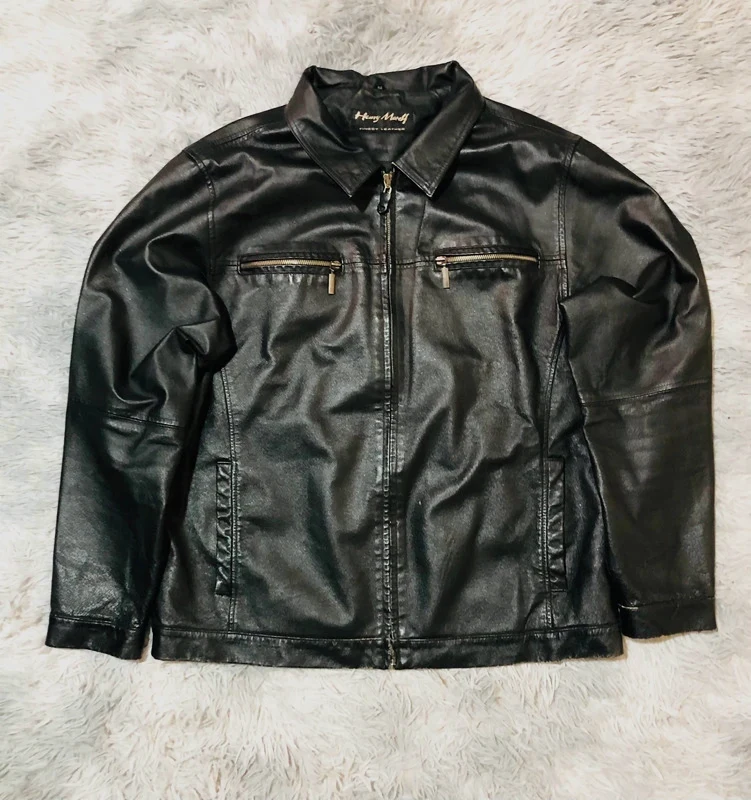 Henry Morell Real Leather Jacket Black Full Zip Shirt Collar Zipped Chest Pockets Biker - Size XL 54