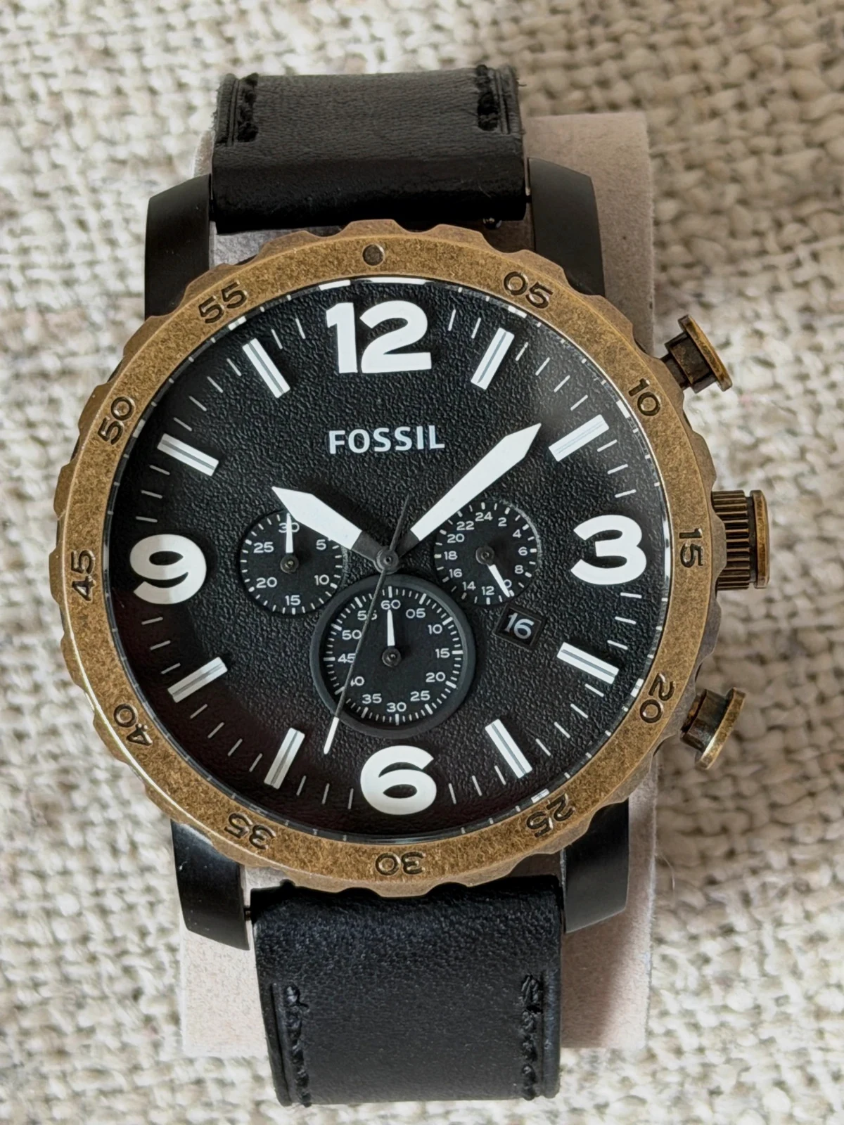 Montre Chronographe Fossil Homme - Boîtier Bronze & Bracelet Cuir Noir - État Excellent