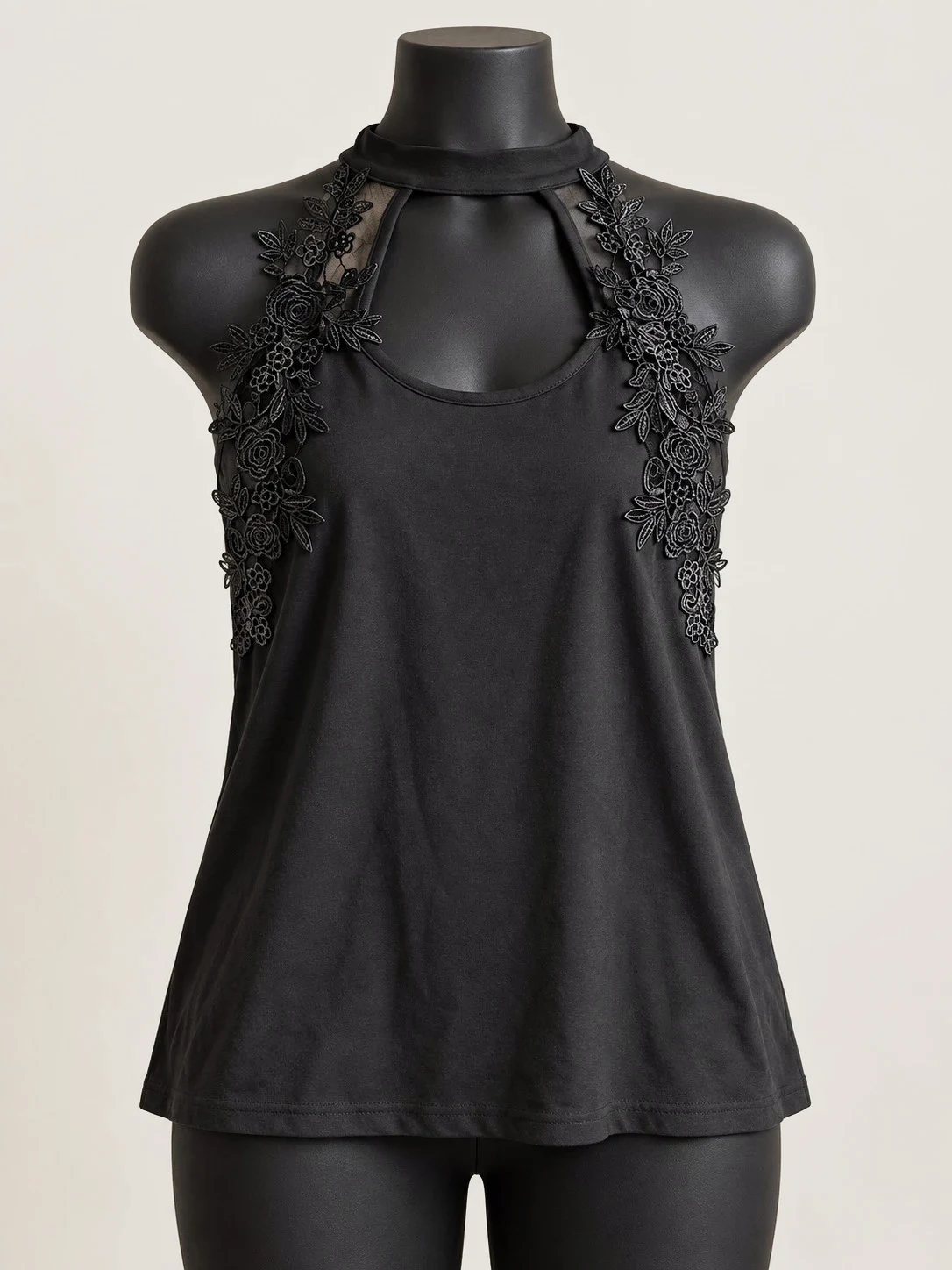 Top noir sans manches tour de cou et dentelle florale – velina – taille XL / 42 / 14