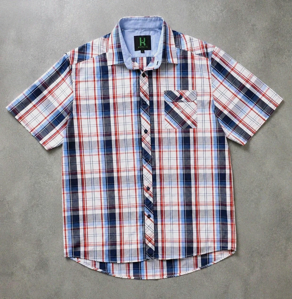 Chemise Homme Kamaté 2XL Carreaux Bleu Rouge Blanc 100 % Coton Manches Courtes Casual Vintage
