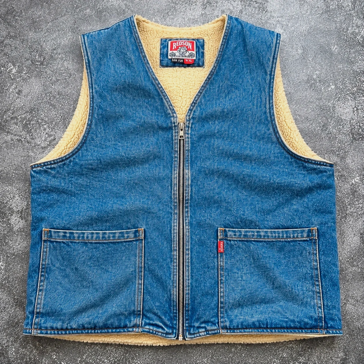 Gilet Redson vintage denim bleu doublé sherpa – Workwear western 90s XL