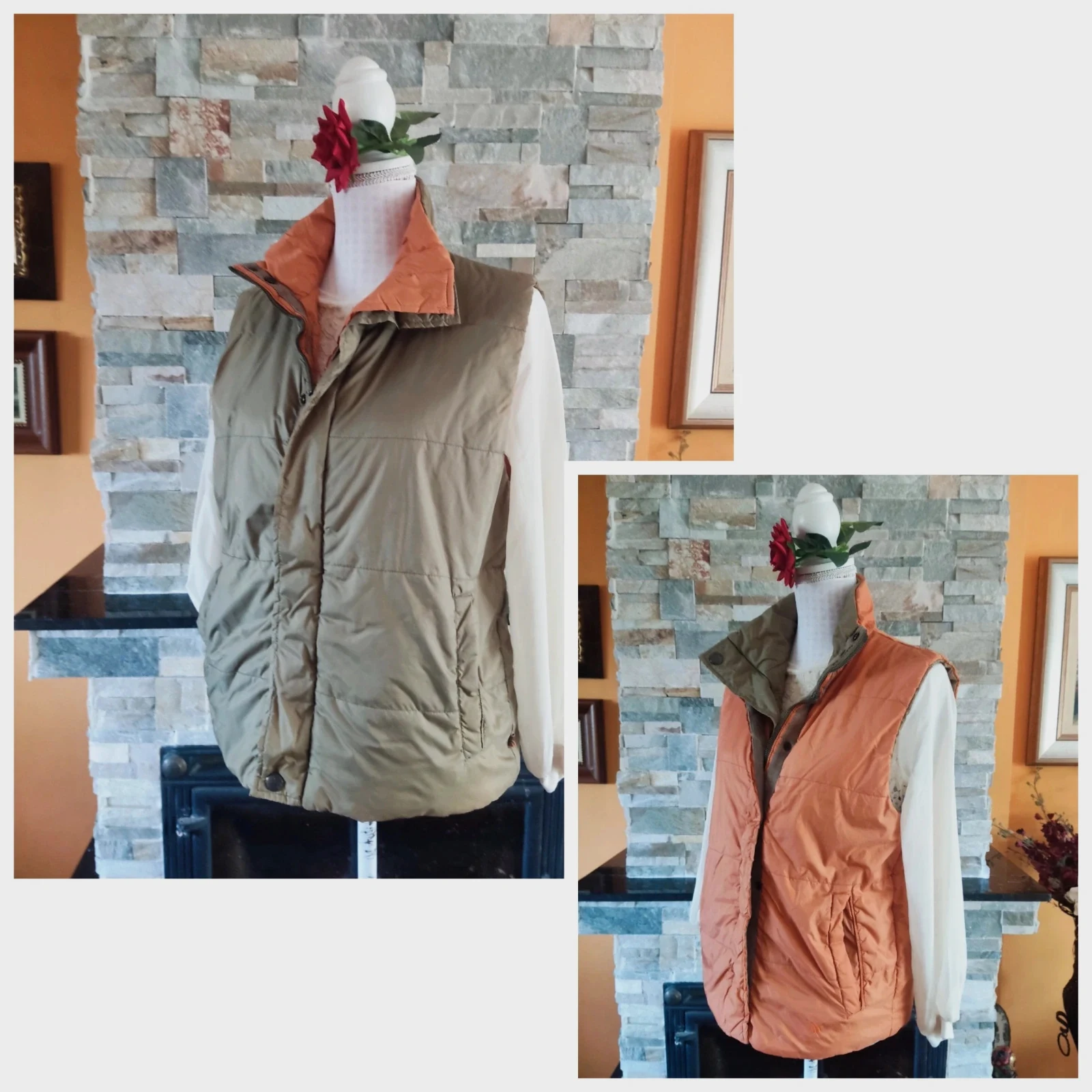 🔥 Cómodo chaleco acolchado naranja y caqui reversible