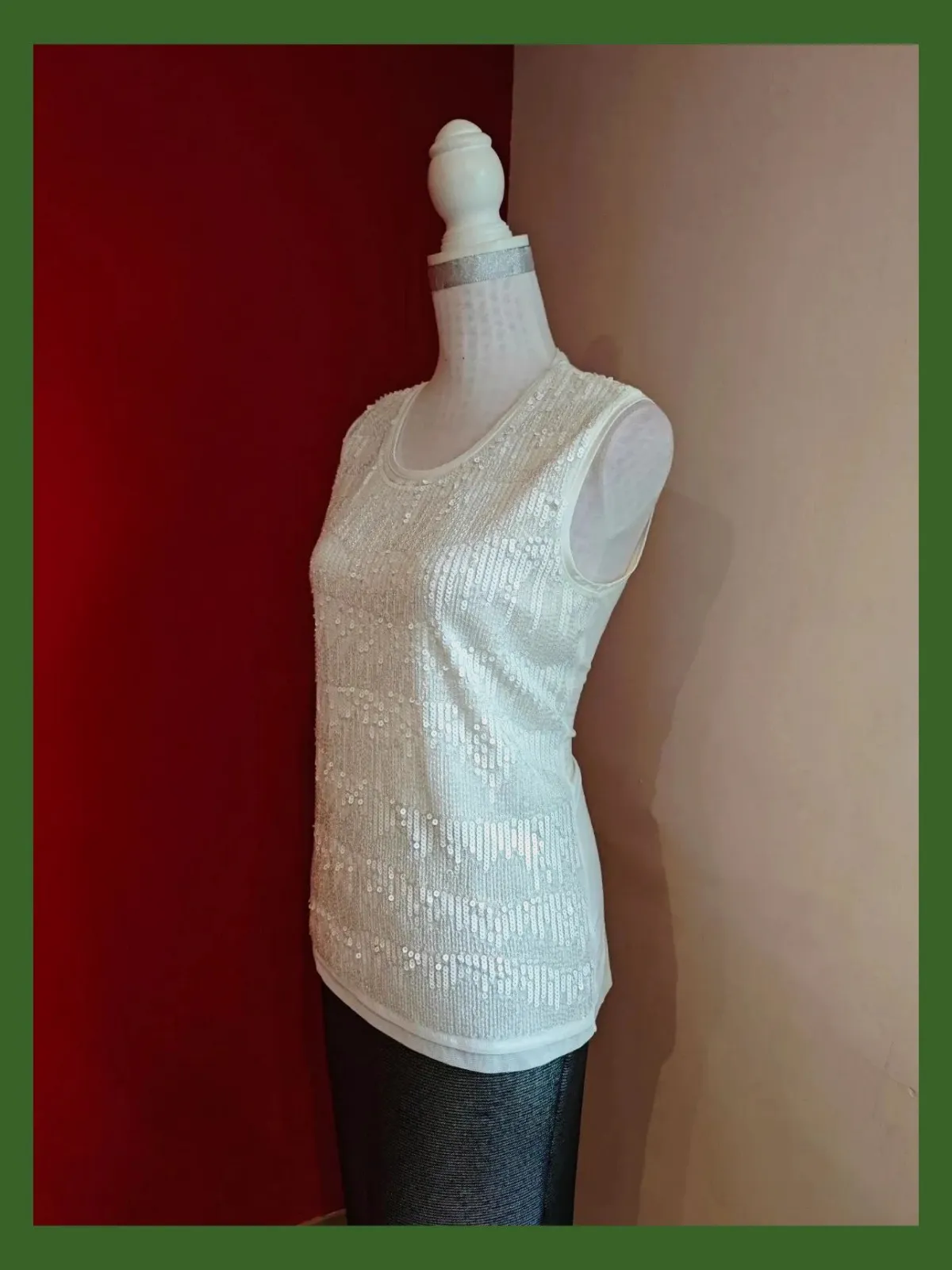 🌺Camiseta blanca con lentejuelas blancas delante, cosidas sobre tela de gasa – Canda Premium – taille L / 40 / 12 2