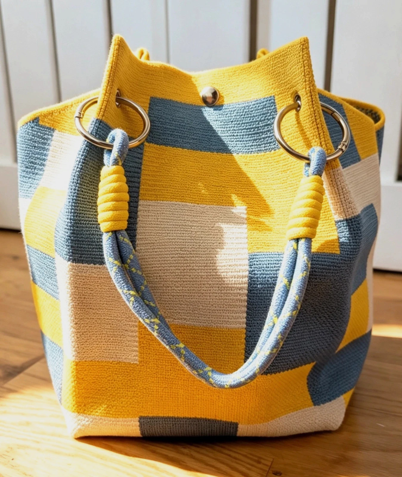 New Blue Yellow Block Knit Bucket Bag Rope Handles Silver Hardware Boho Festival Indie Hippie