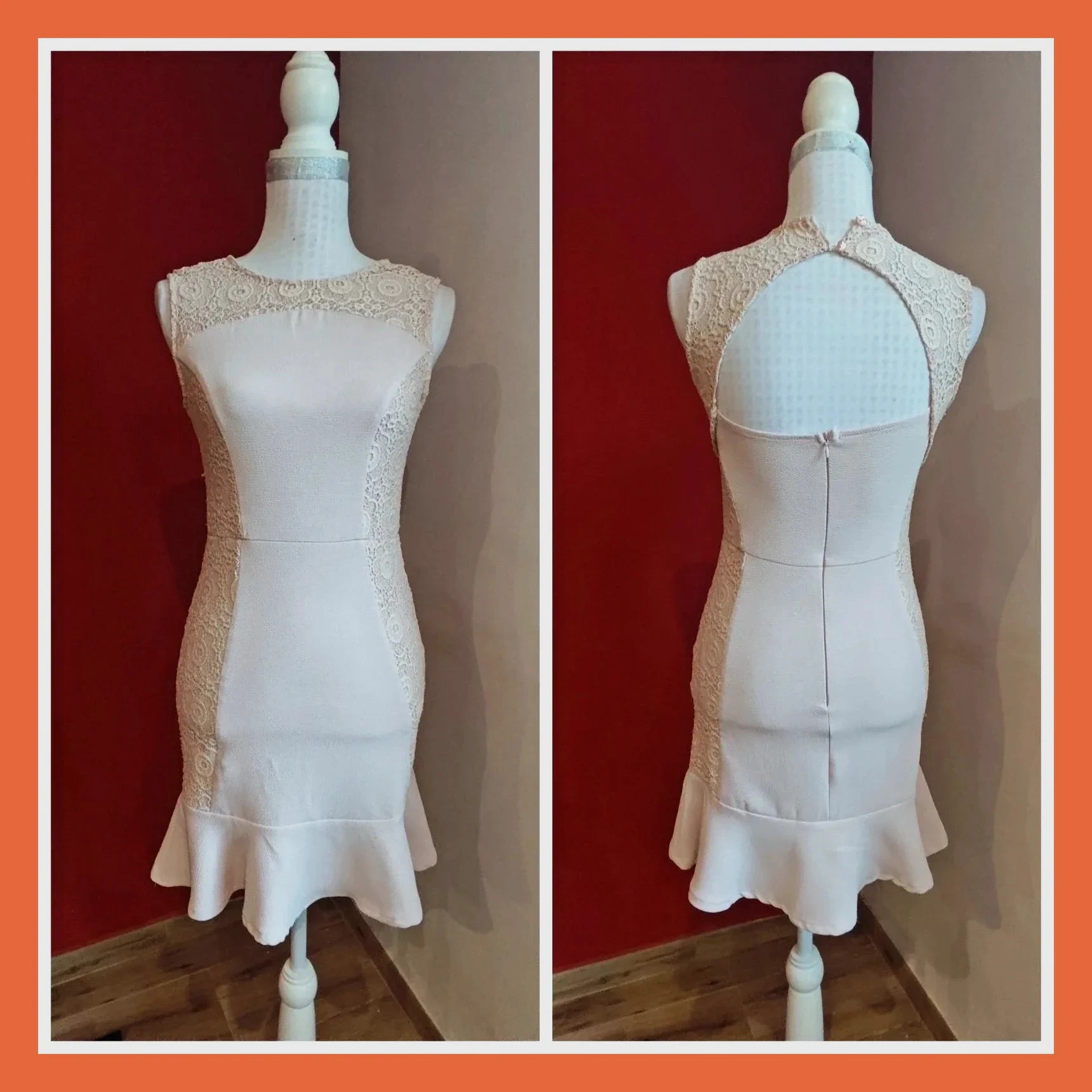 🌺Estiloso vestido de coctel tono rosa clarito con blonda en laterales y parte superior