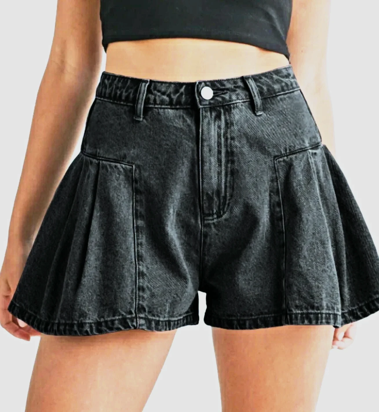 Black Denim Pleated Shorts