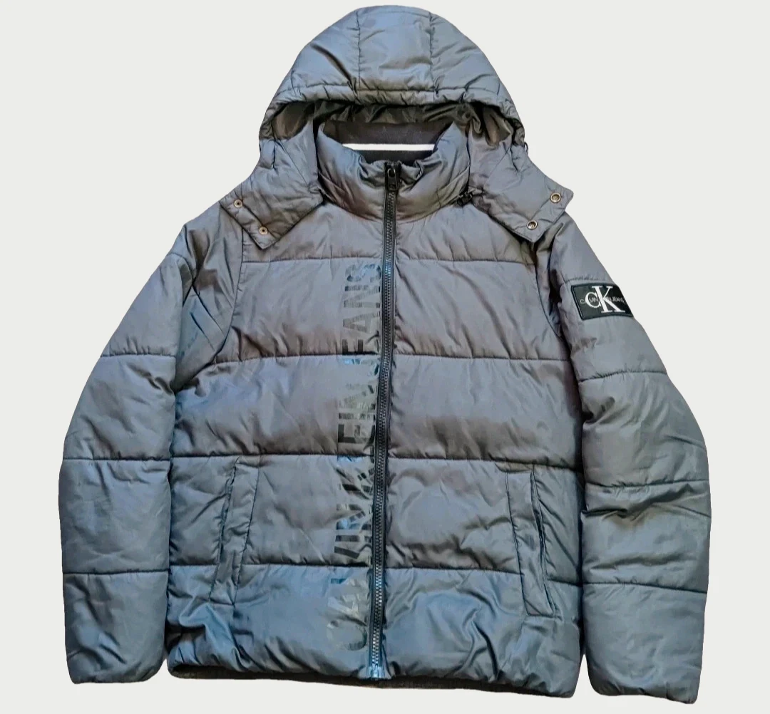 Calvin Klein Jeans Grey Puffer Jacket with Hood - Size M