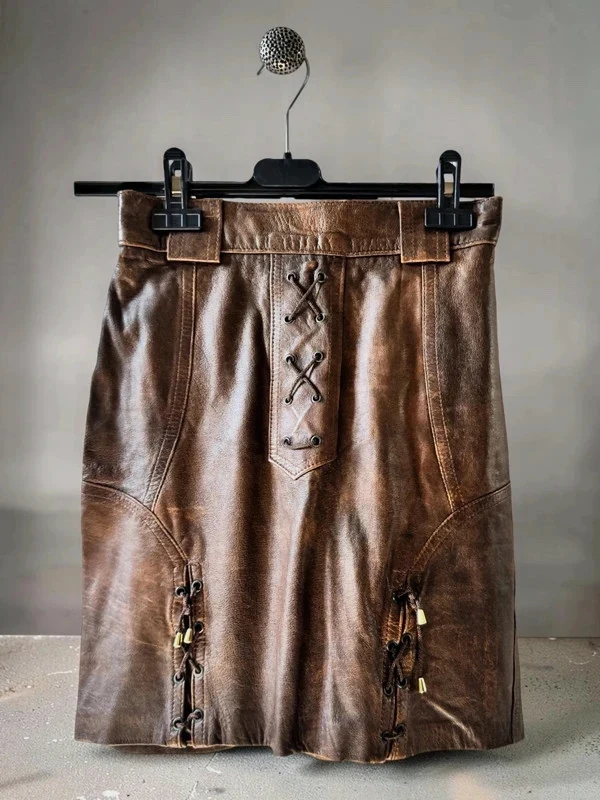 Jupe corset vintage cuir marron lacets style pirate made in Italy