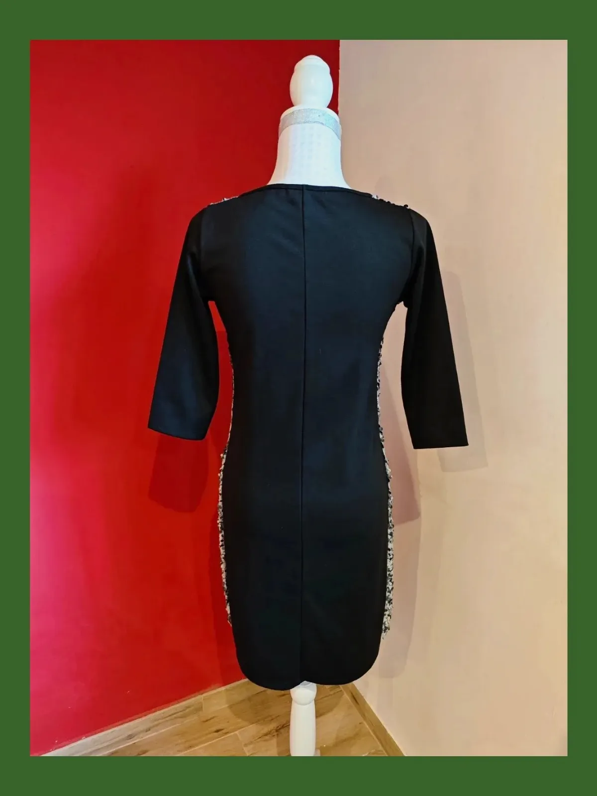 🌺 Vestido negro con el frente de gasa blanca cubierta de lentejuelas plateadas y blancas – Festa – taille M / 38 / 10 5