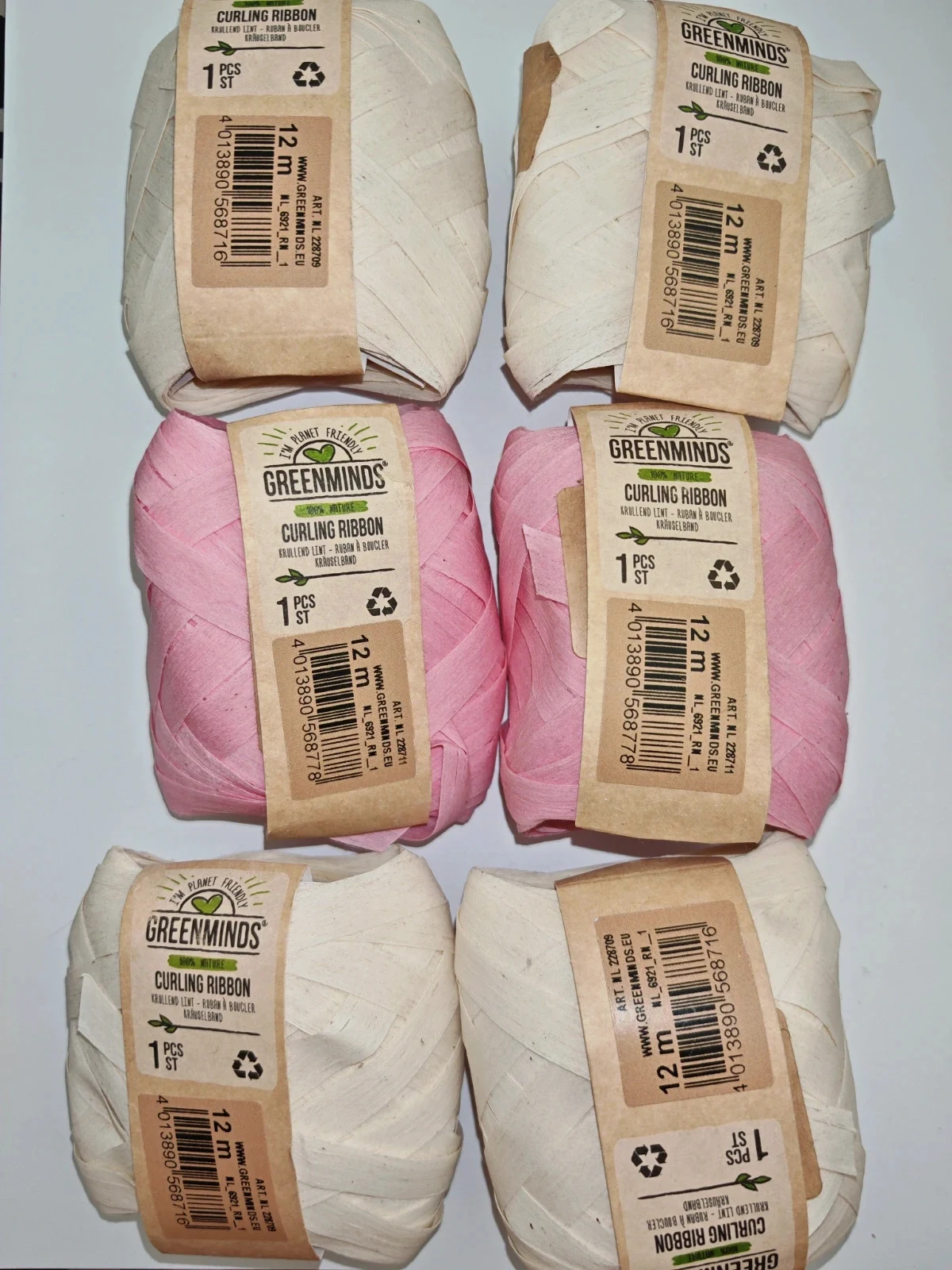 Lot de 6 rubans à boucler Greenminds 12 m – Rose & Crème – Neufs