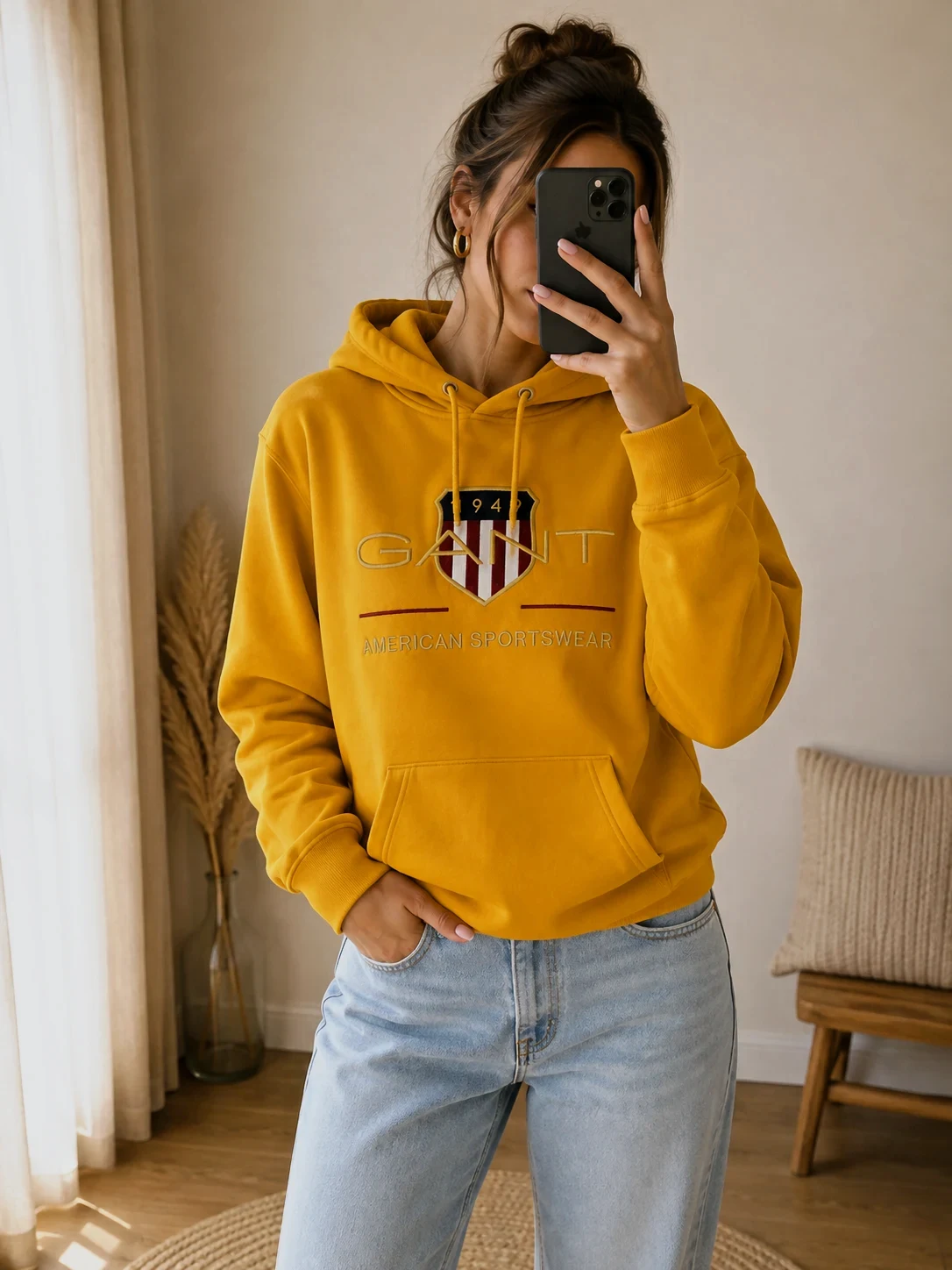 Sweat à capuche Gant jaune avec logo brodé taille S