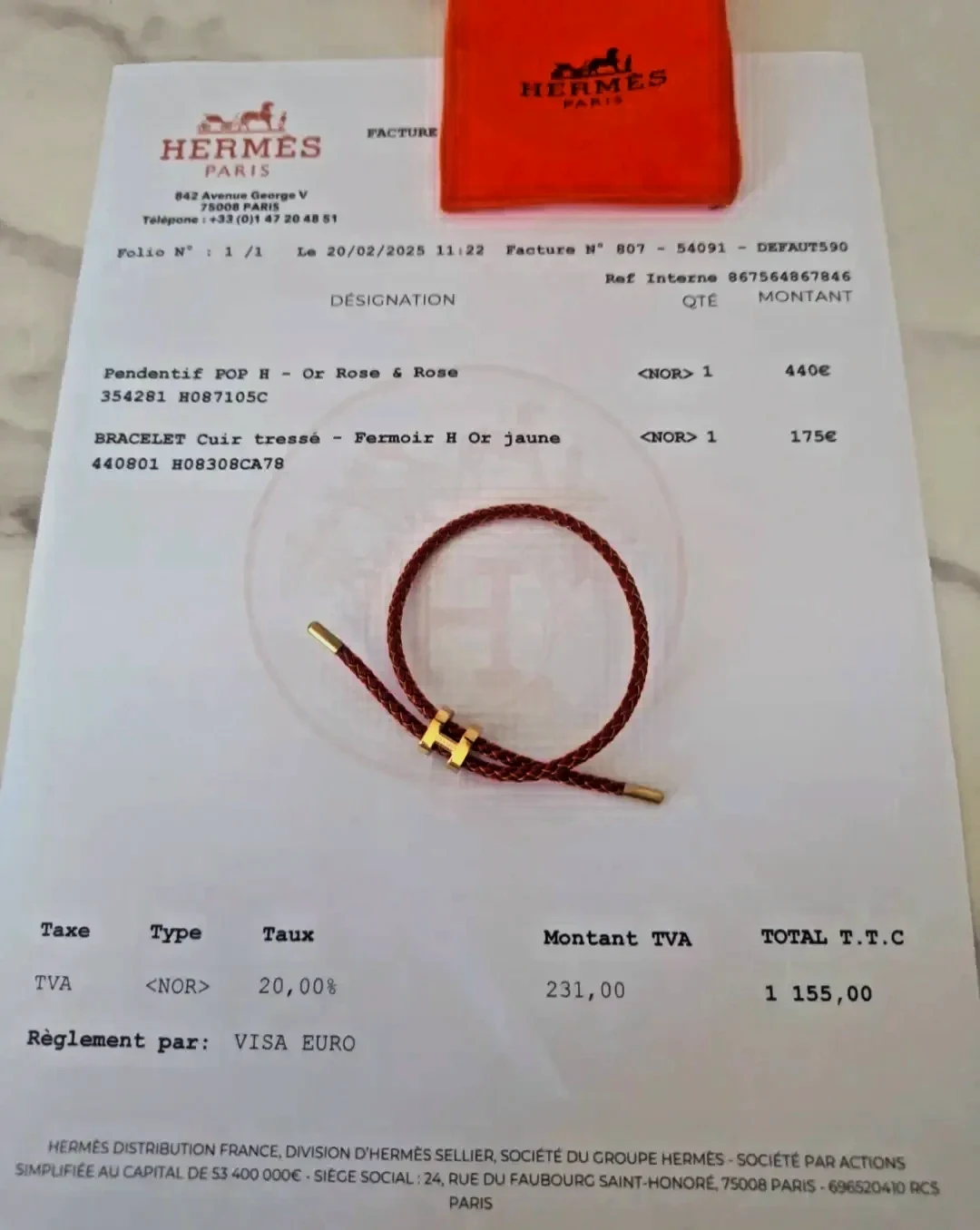 Bracelet Hermès Cuir tressé Or Rose