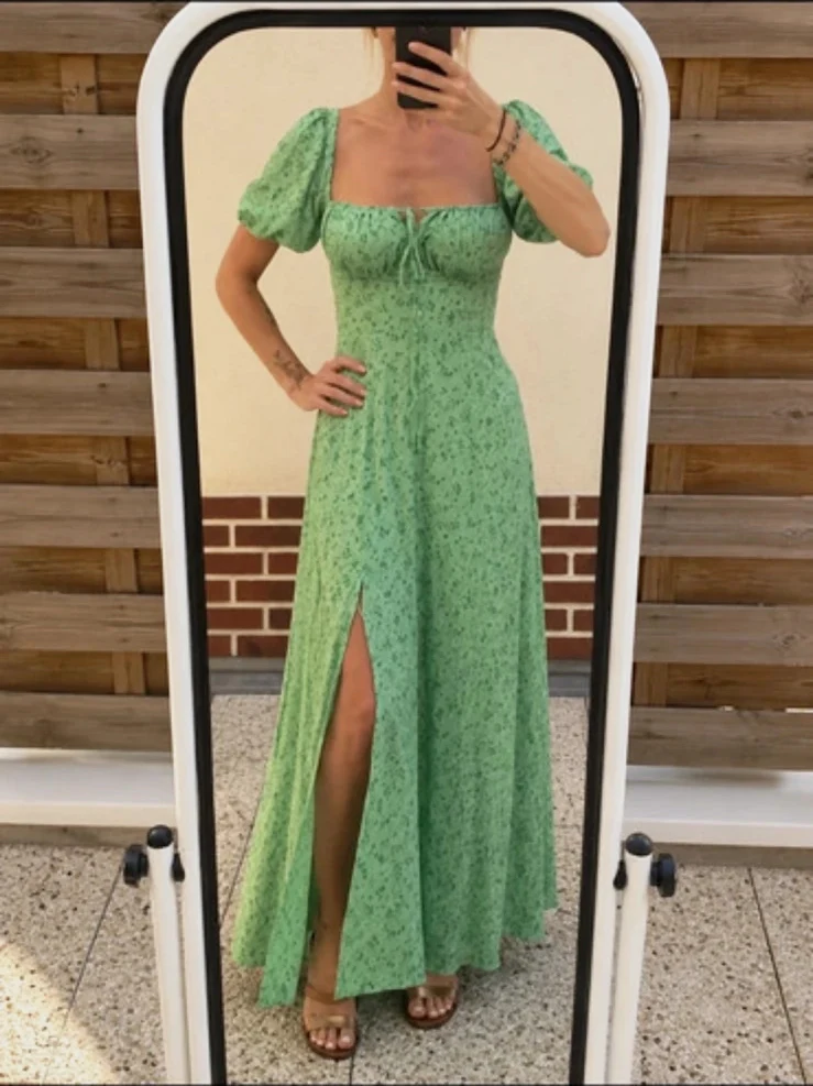 🌿 Robe longue verte fleurie – manches bouffantes – fente - XS – Shein – taille XS / 34 / 6