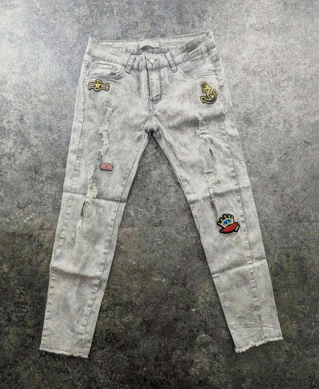 Jean Miss Rj gris délavé destroy patchs brodés slim y2k streetwear Xs