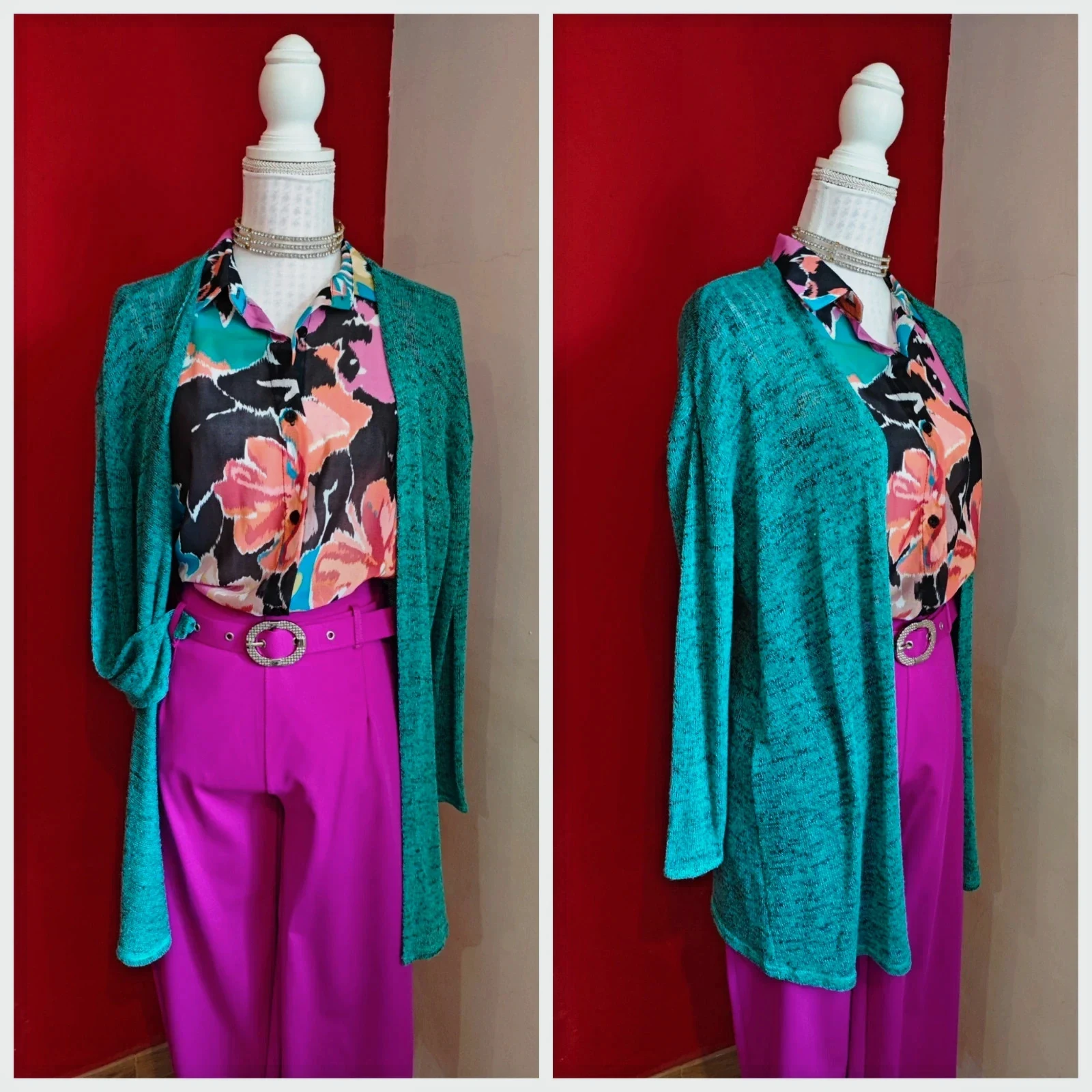 🌺 Bonita chaqueta de punto fino verde jaspeado con negro