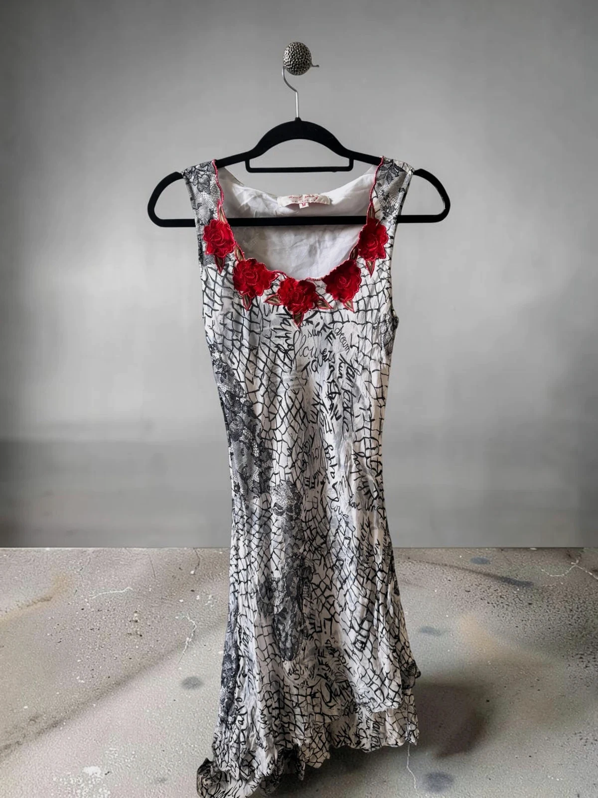 Robe longue vintage asymétrique dentelle et imprimé graphique René Derhy sirène