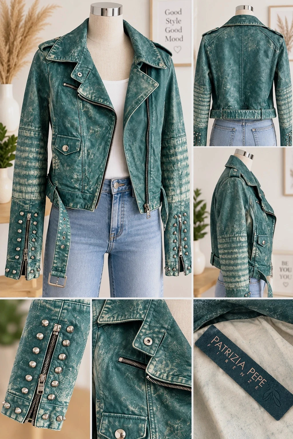 Perfecto Patrizia Pepe cuir véritable vert turquoise clouté T42 – Patrizia Pepe – taille XL / 42 / 14