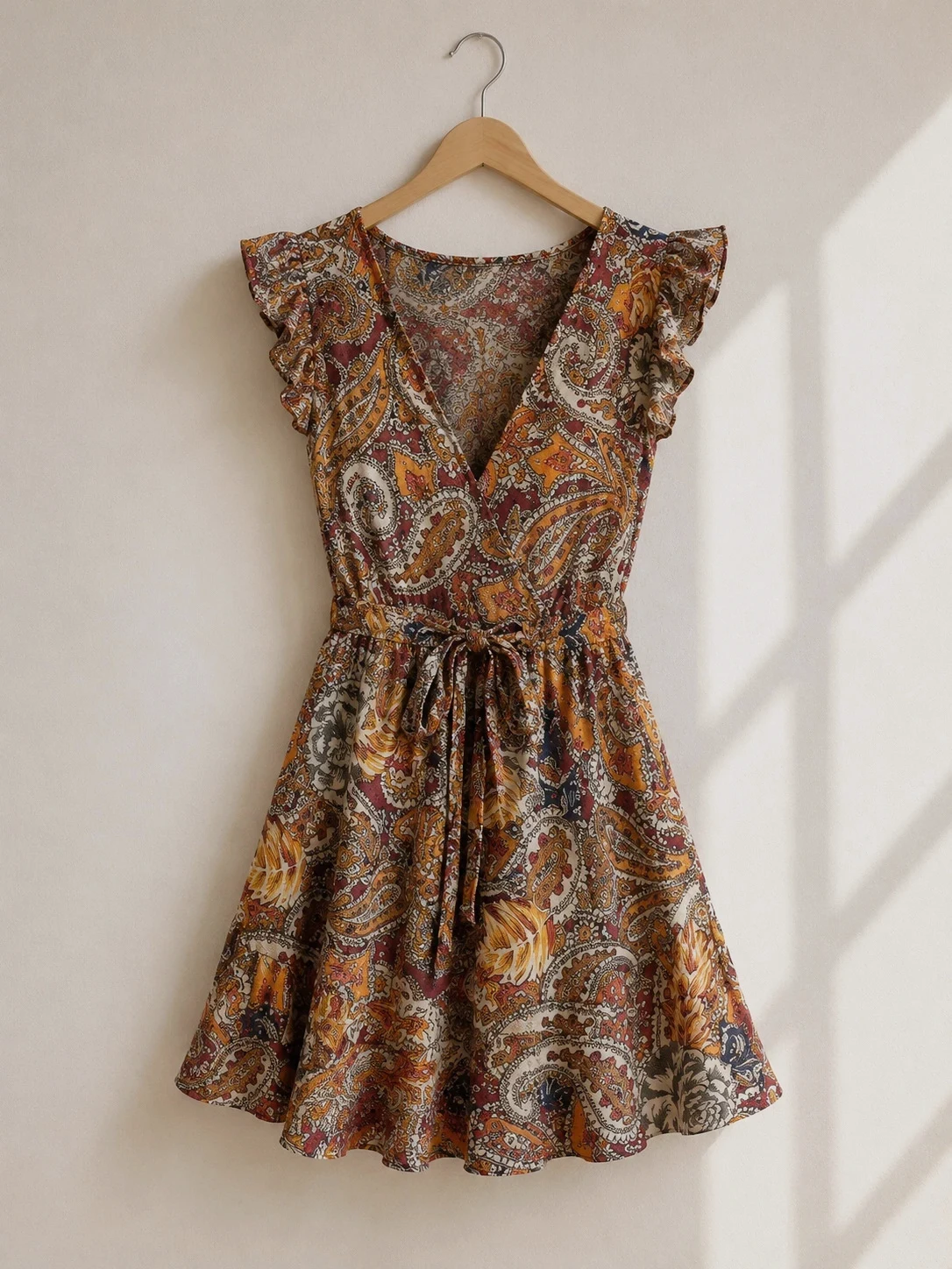 Robe courte cache-cœur imprimé cachemire marron – Taille XL