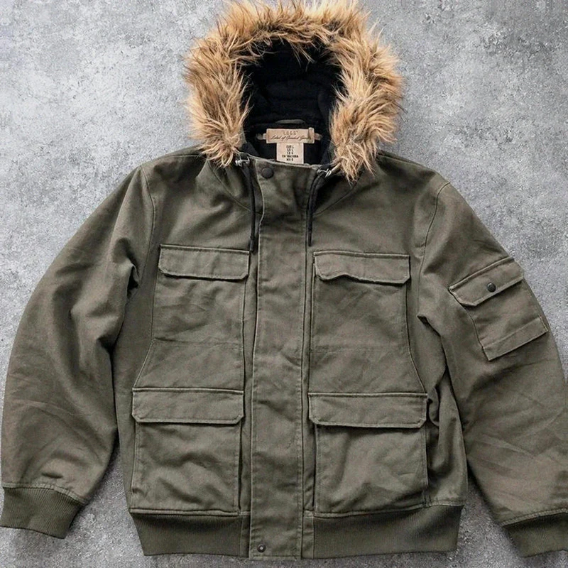 L.O.G.G. H&M veste workwear utility L kaki toile épaisse doublée capuche fourrure