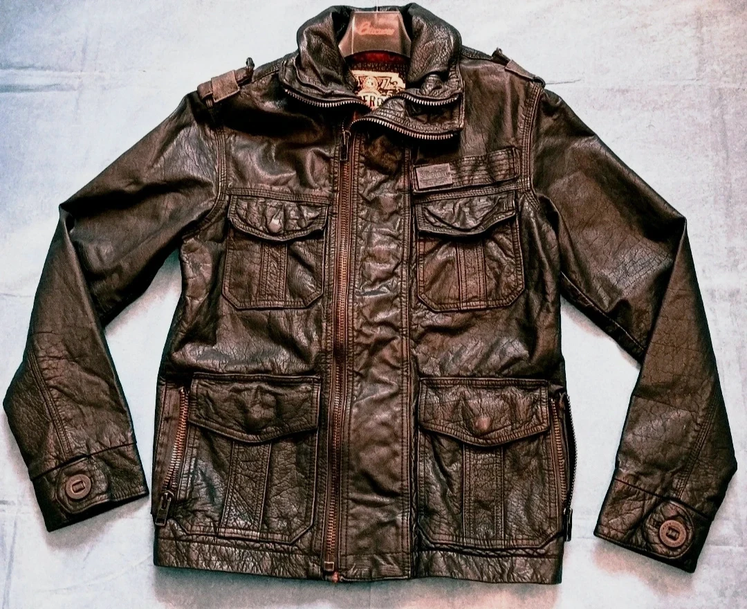 Superdry Vintage Brown Leather Military Utility Jacket Size S
