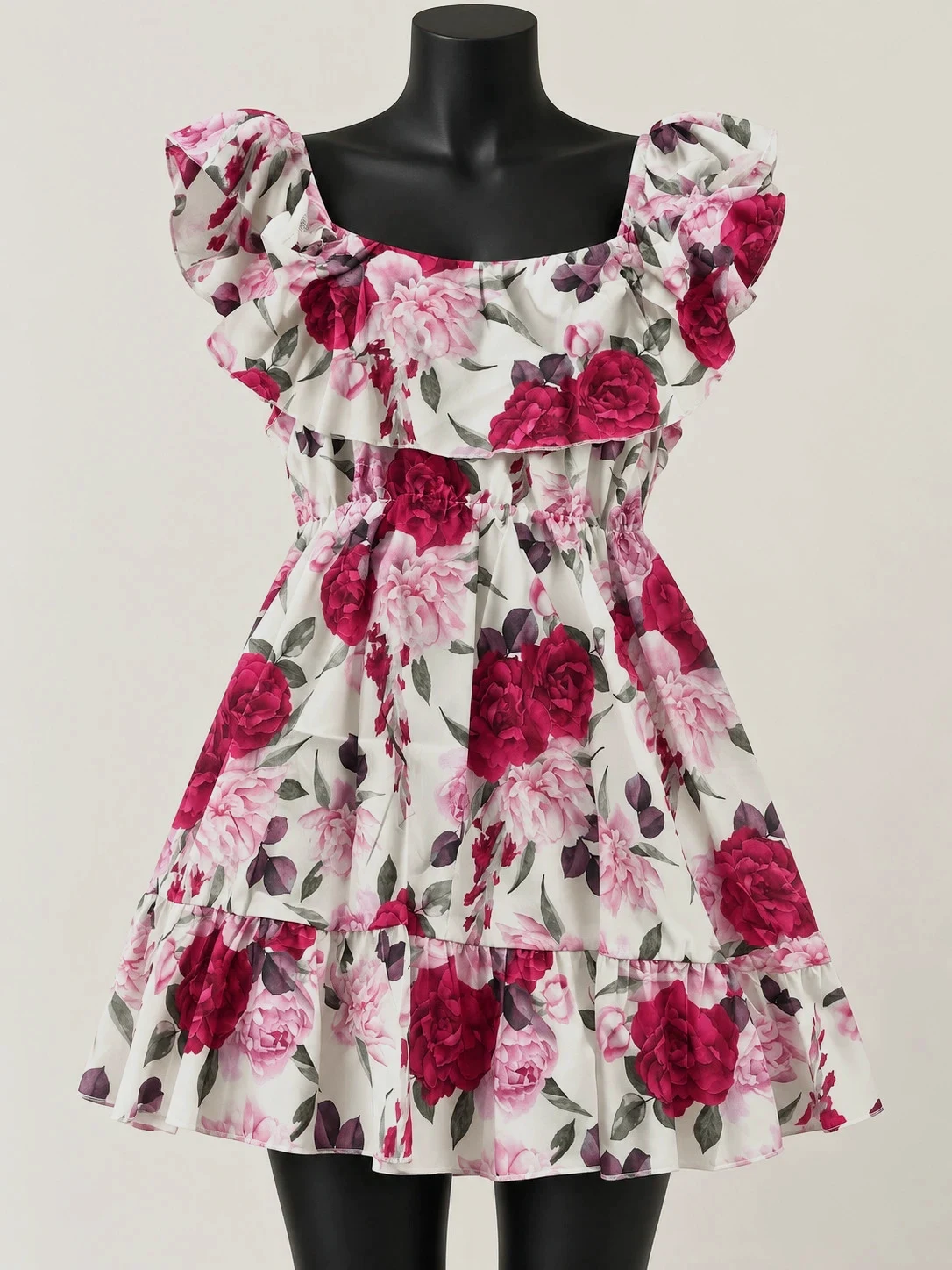 Robe fleurie écrue rose et fuchsia à volants