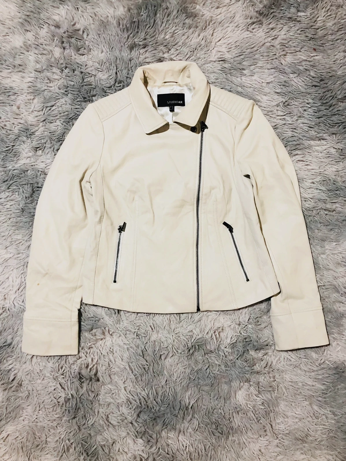 Studio AR Biker Jacket Cream Ivory Asymmetric Zip Black Zipped Pockets Pointed Collar - Size L NL 40