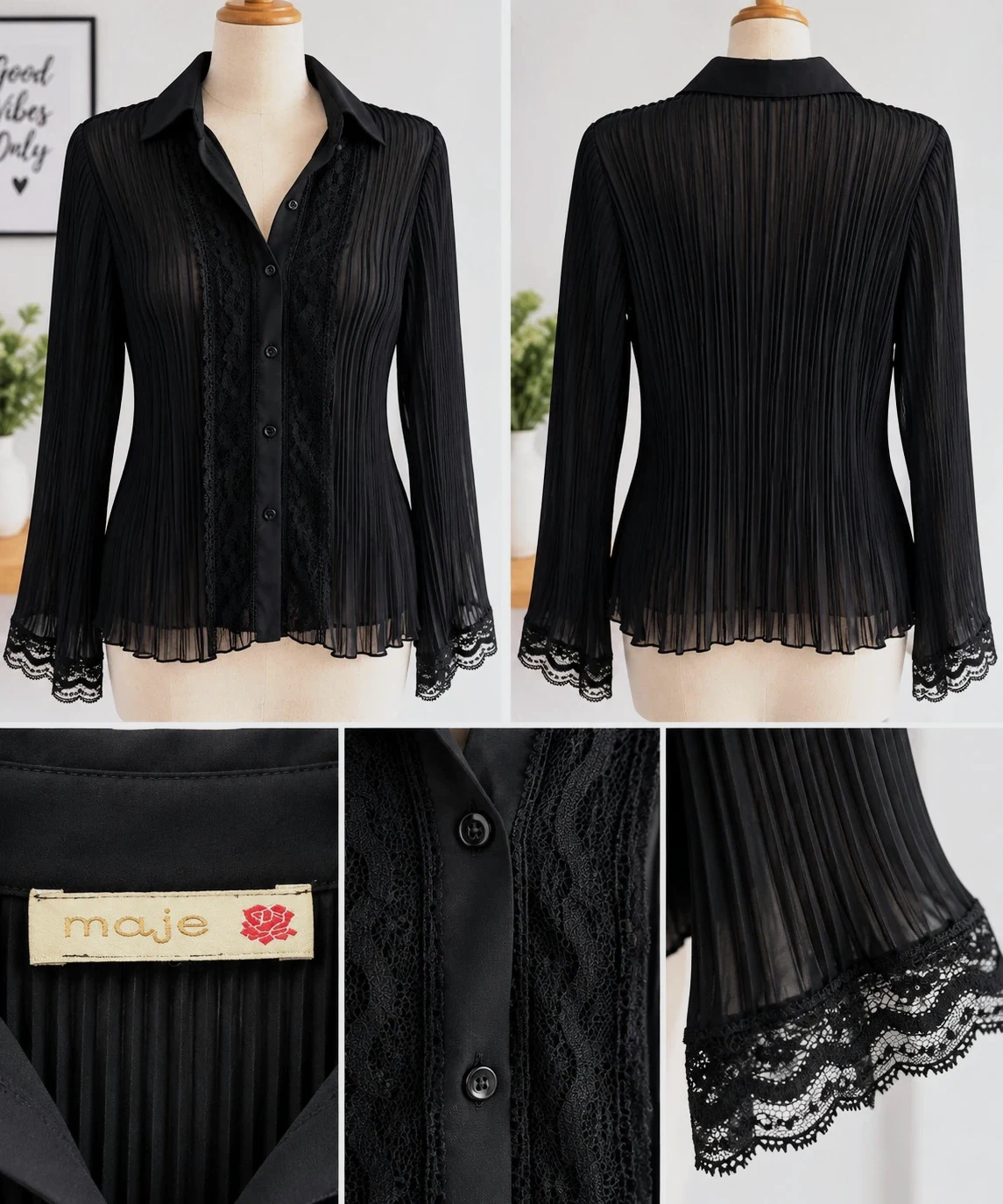 Chemisier Maje noir plissé dentelle manches longues – Taille M – Maje – taille M / 38 / 10