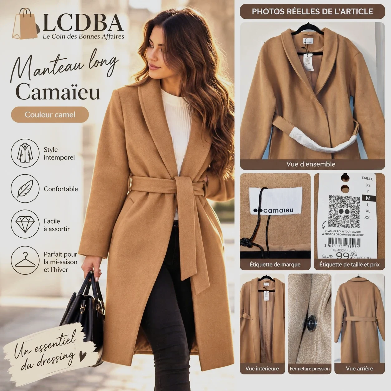 Manteau long Camaïeu Camel – Neuf avec étiquette – Taille M