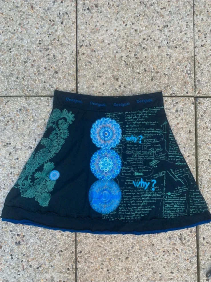 Jupe Desigual XXL noire 100 % coton imprimé mandala bleu bohème vintage