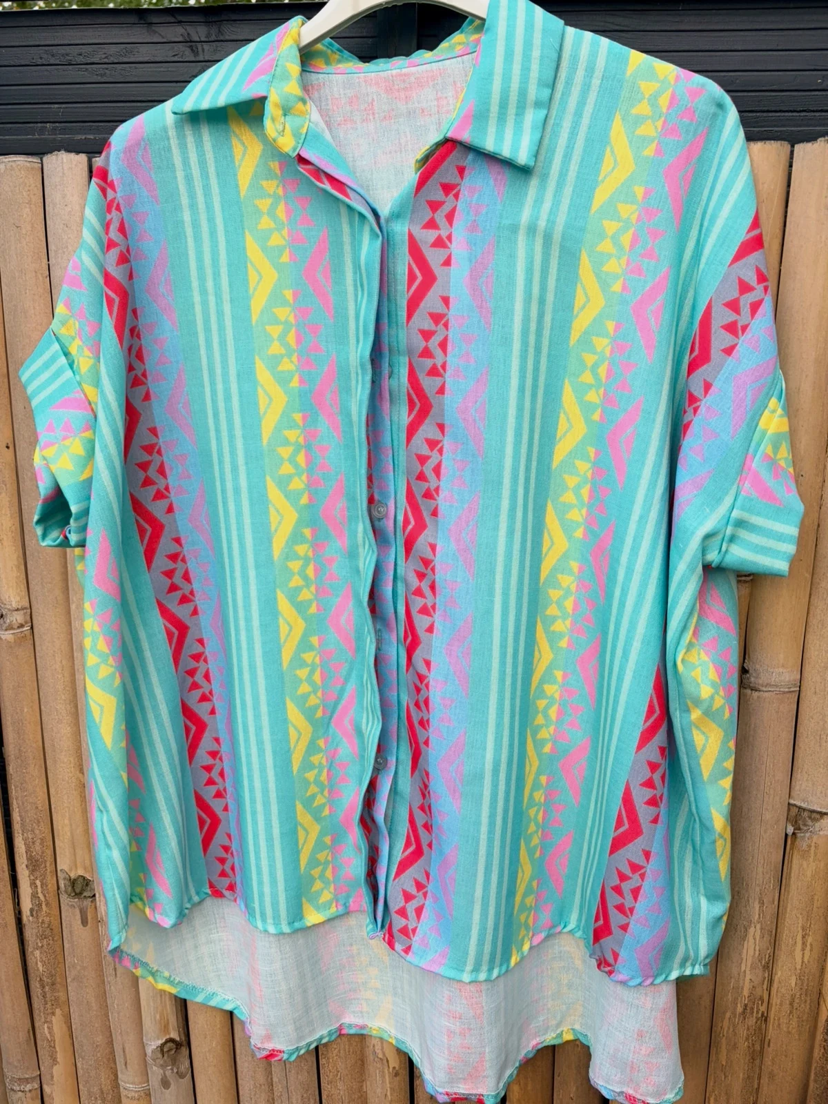 🌈Chemise oversize 40-50 bleu turquoise et logos ethniques