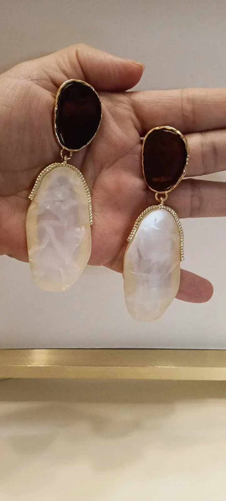 Pendientes 8cm marrón y nácar dorados - Boucles/Orecchini 5