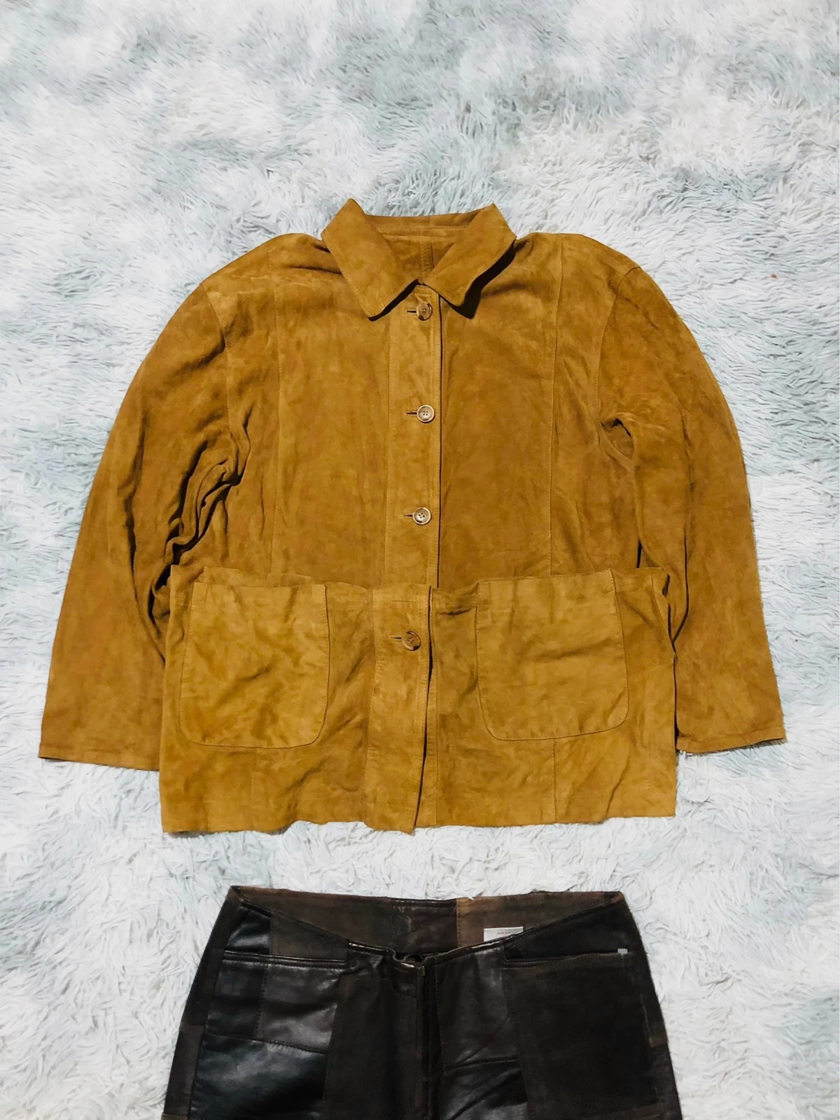 Real Suede Leather Jacket Yellow Mustard Button Front Patch Pockets Shirt Collar Boho - Size M EU 40