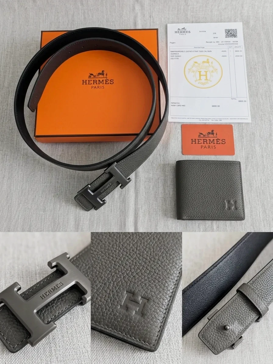 Ceinture et portefeuille Hermès cuir noir reversible