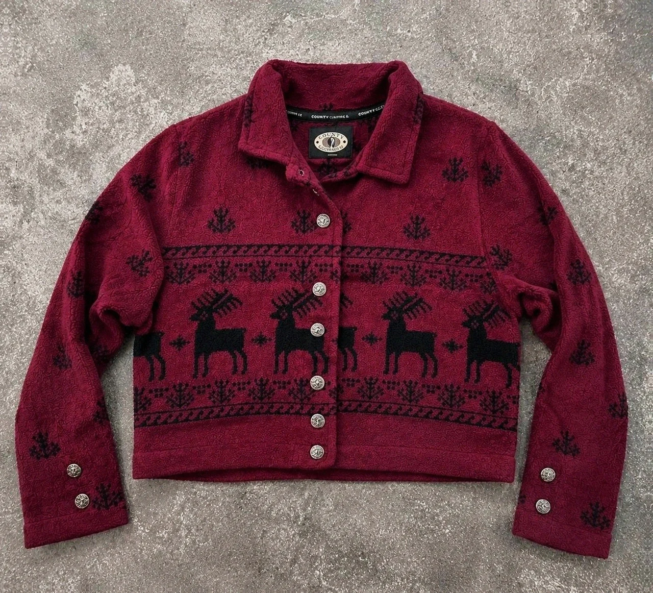 County Clothing Co veste polaire vintage renne nordique bordeaux cropped Made in Canada L