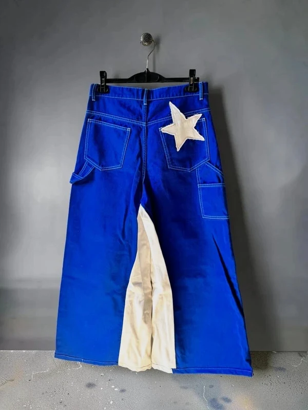 Pantalon baggy workwear custom upcycling étoile bleu blanc
