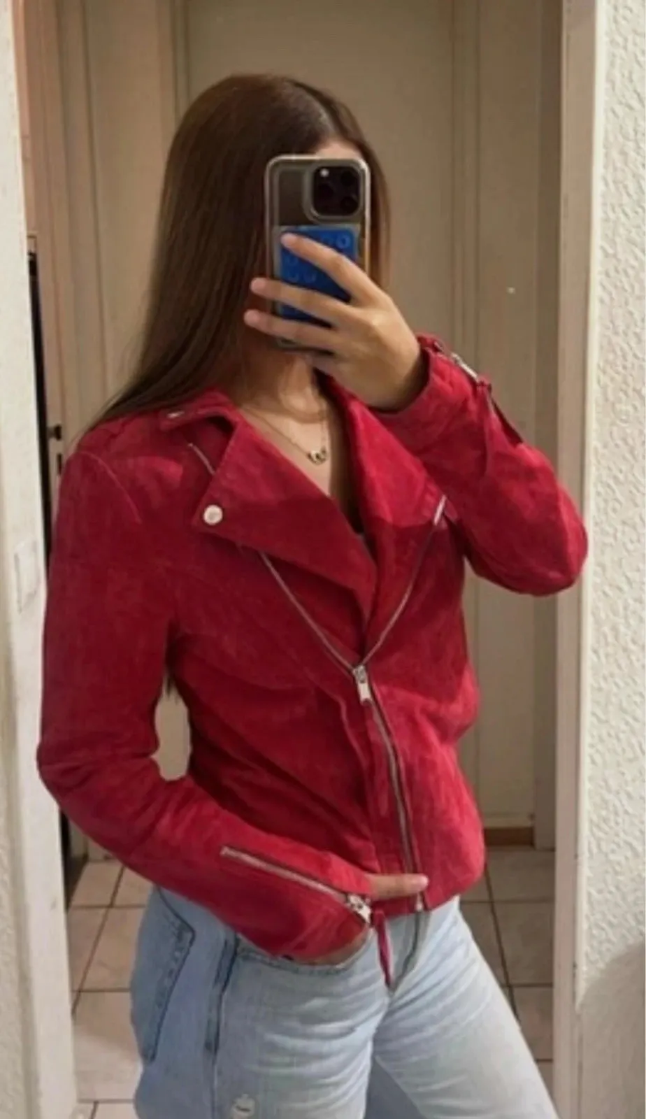 Veste Vila XS 100% cuir rouge perfecto biker tendance – Vila – taille XS / 34 / 6 3