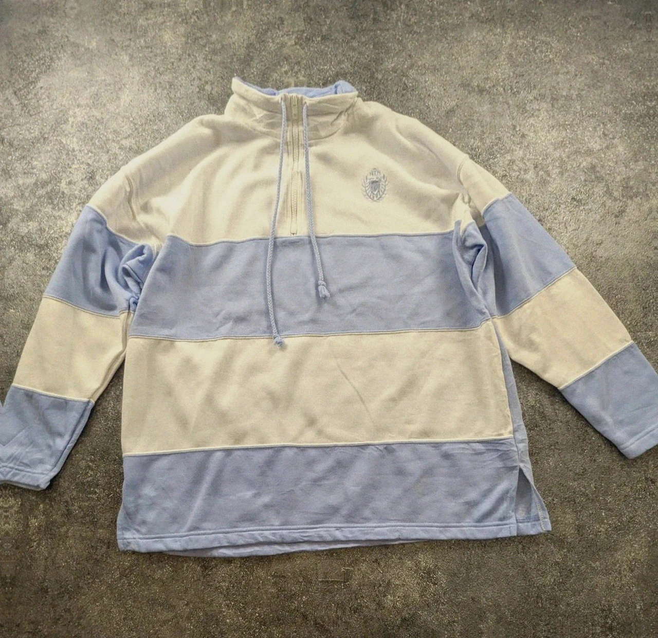 Sweat col zippé Jaclyn Smith L beige bleu vintage preppy old money