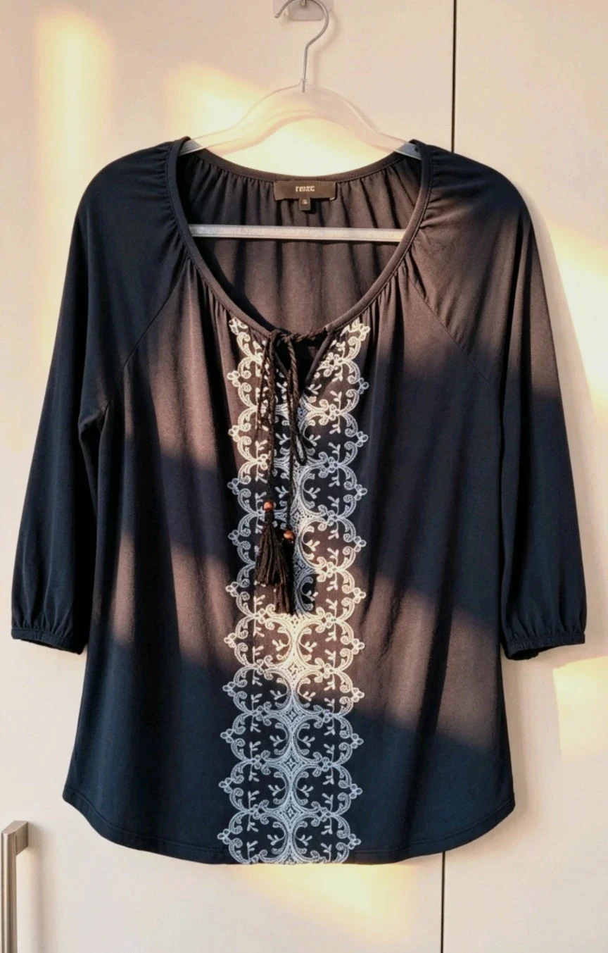 Next Navy Embroidered Boho Top | UK 10 | Tassel Tie Blouse |