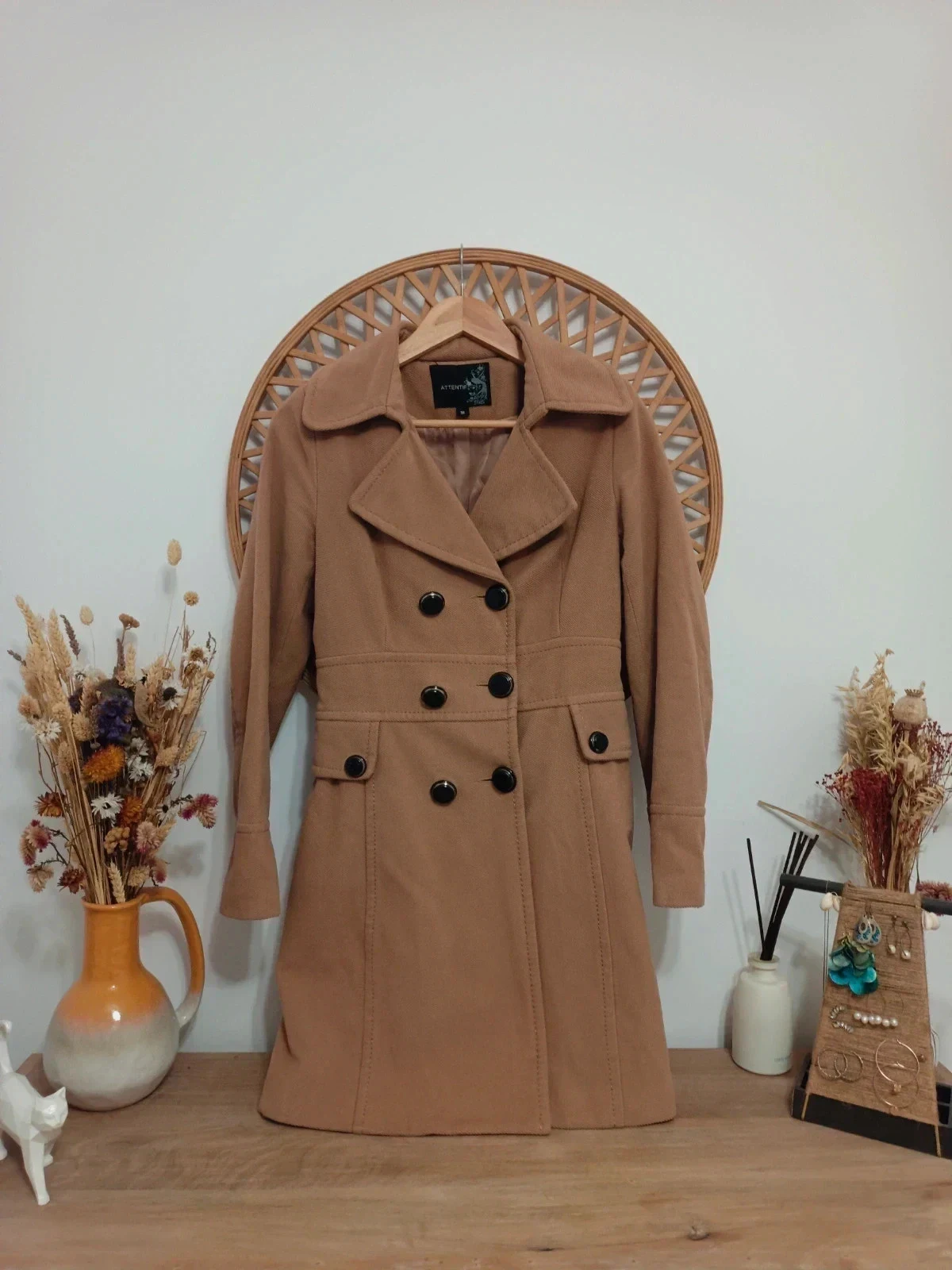Camel Elegance Coat Manteau Chic Beige Abrigo Clásico