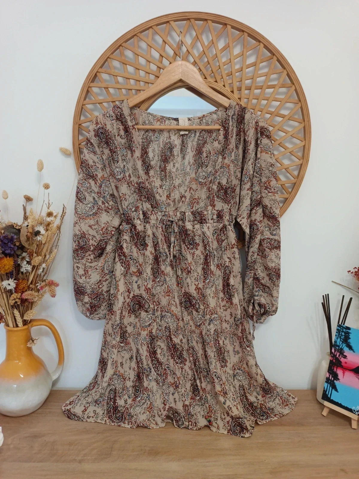 NKN Nekane Vestido Paisley Boho Dress Robe Kleid Beige T.S/M Manga Larga Forrado