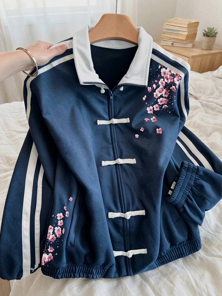Veste Zippée Japan Style Bleue Motif Fleurs de Cerisier – Style Streetwear Y2K Rétro Taille S