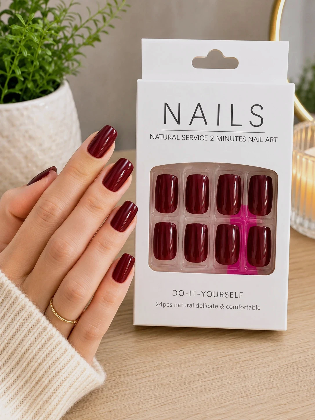 Capsules ongles bordeaux brillants – 24 pièces – Neufs