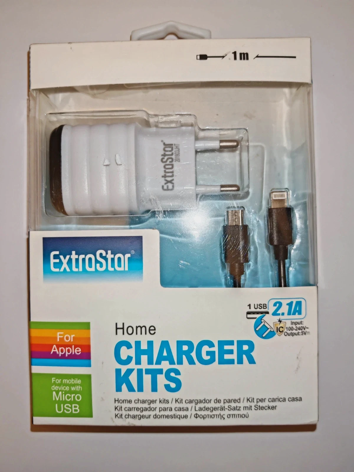 Chargeur secteur iPhone + câble Lightning 1 m ExtraStar 2.1A – Neuf