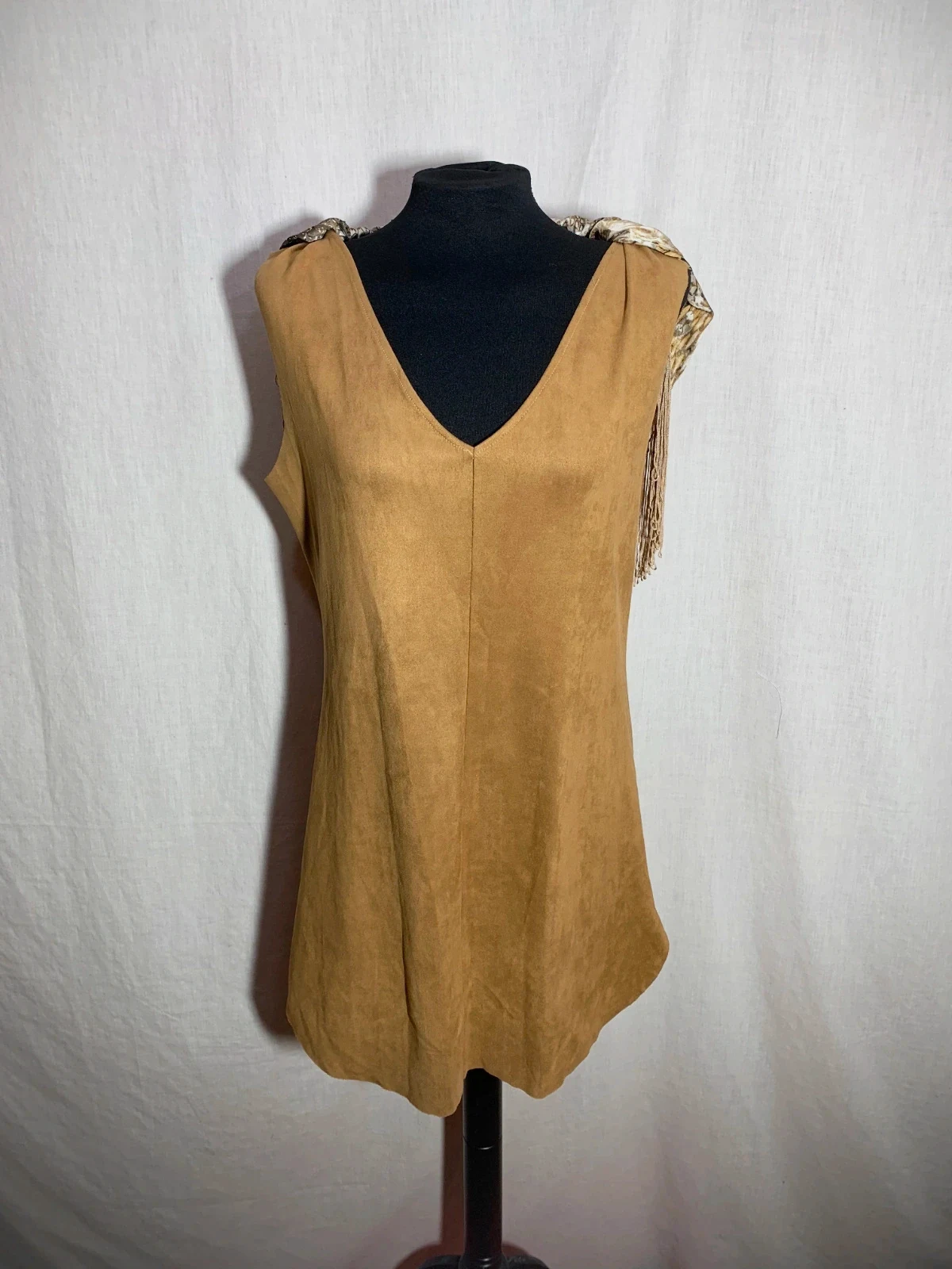 Blusa Marrón Sin Mangas con Chal Estampado y Flecos | Brown Sleeveless Blouse | Sara Leon – taille L / 40 / 12