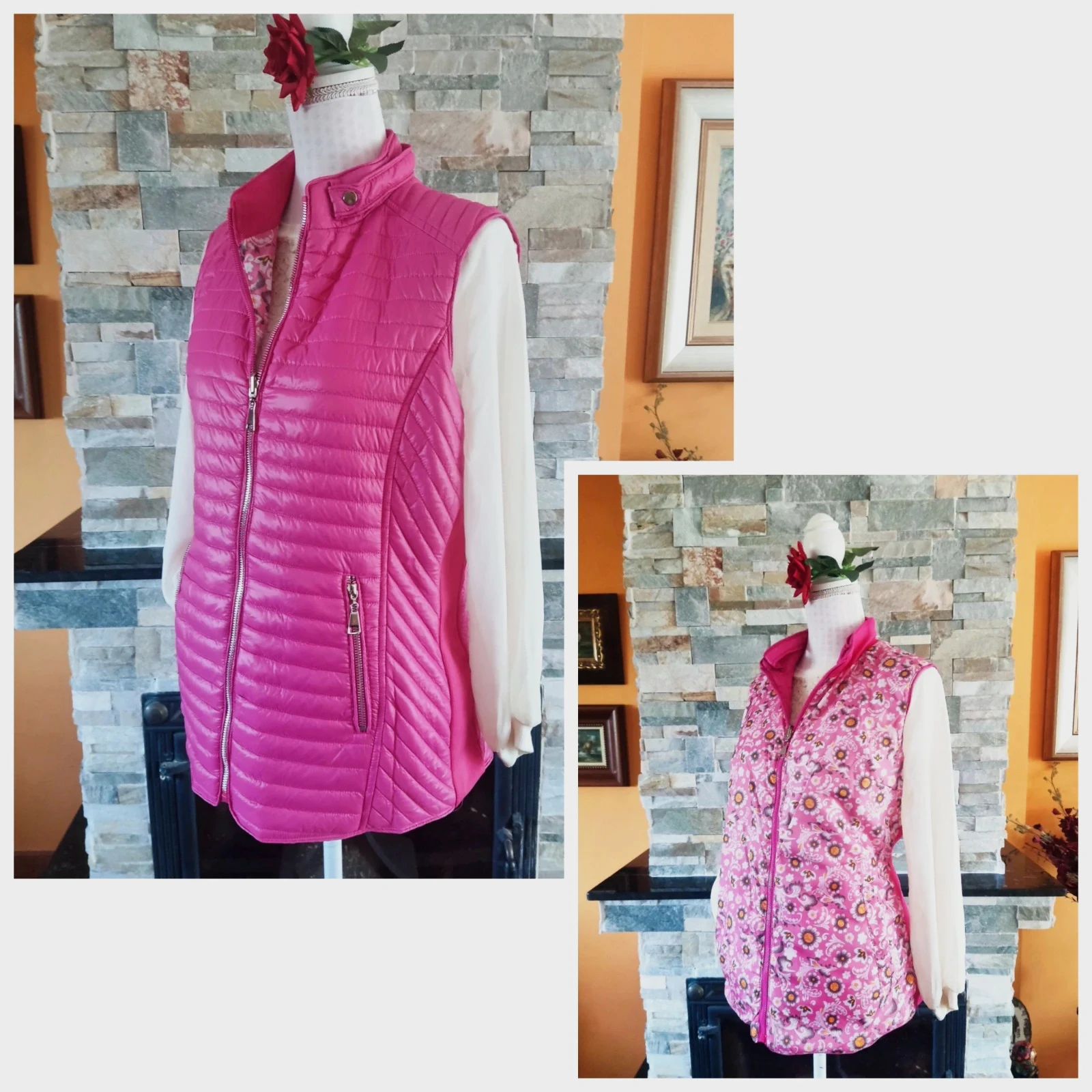 🔥 Chaleco reversible fucsia y estampado floral