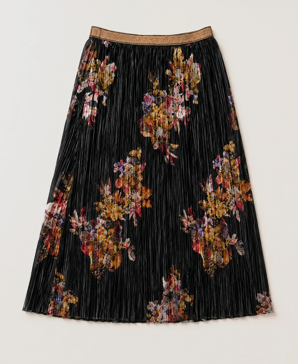 Jupe plissée noire à fleurs & détails dorés 42/44 – taille XL / 42 / 14